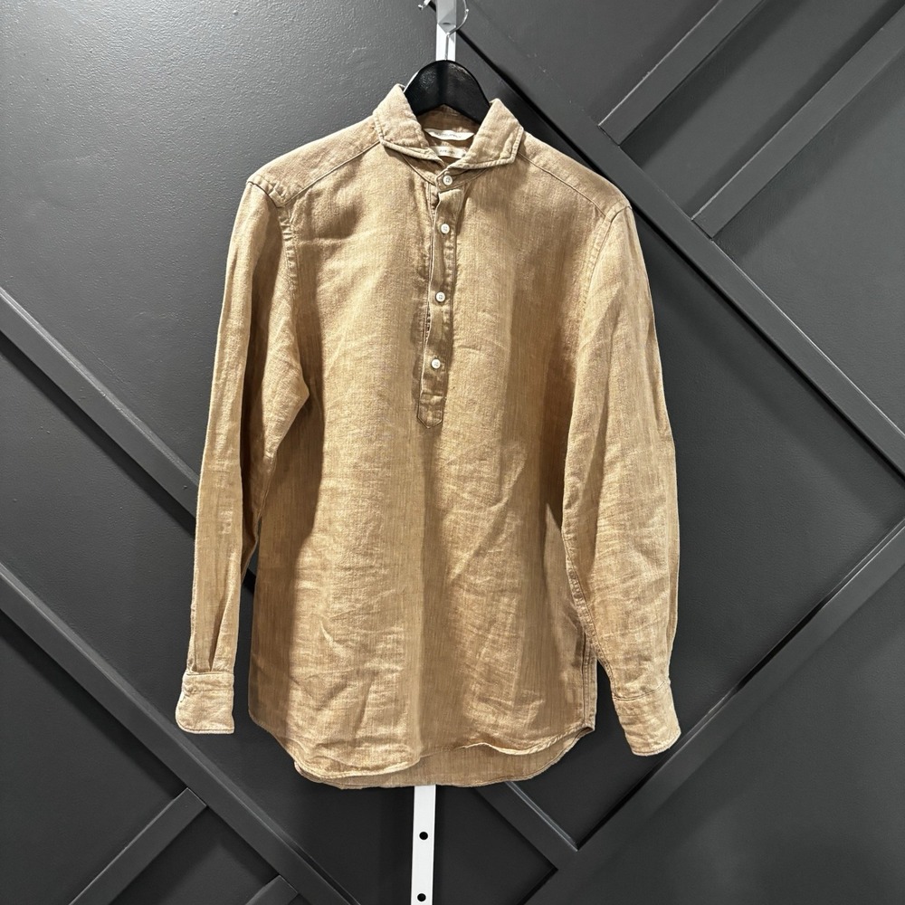SuitSupply Pure Linen Popover Shirt Brown Tan Slim Fit Mens Size 37/38 14.5/15